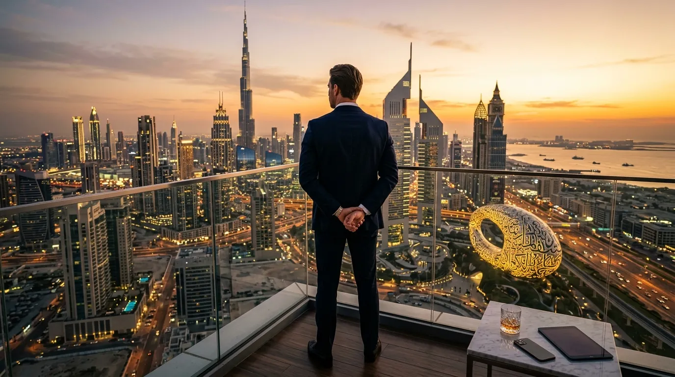 Photorealistic, 8k, cinematic shot of a confident, stylishly dressed individual (viewed from behind or side profile) standing on a high-end luxury balcony at golden hour, looking out over the magnificent, futuristic Dubai skyline, including the Burj Khalifa. The scene should exude ambition, success, and limitless possibilities.