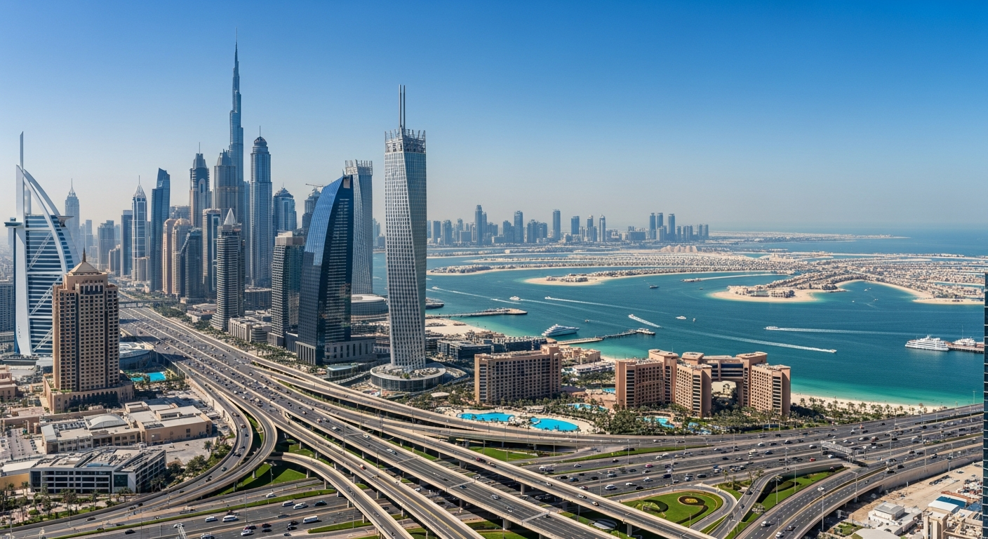 Vista aérea fotorrealista del horizonte de Dubái con rascacielos modernos y el Golfo Pérsico, bajo un cielo azul claro, transmitiendo una sensación de seguridad y prosperidad.