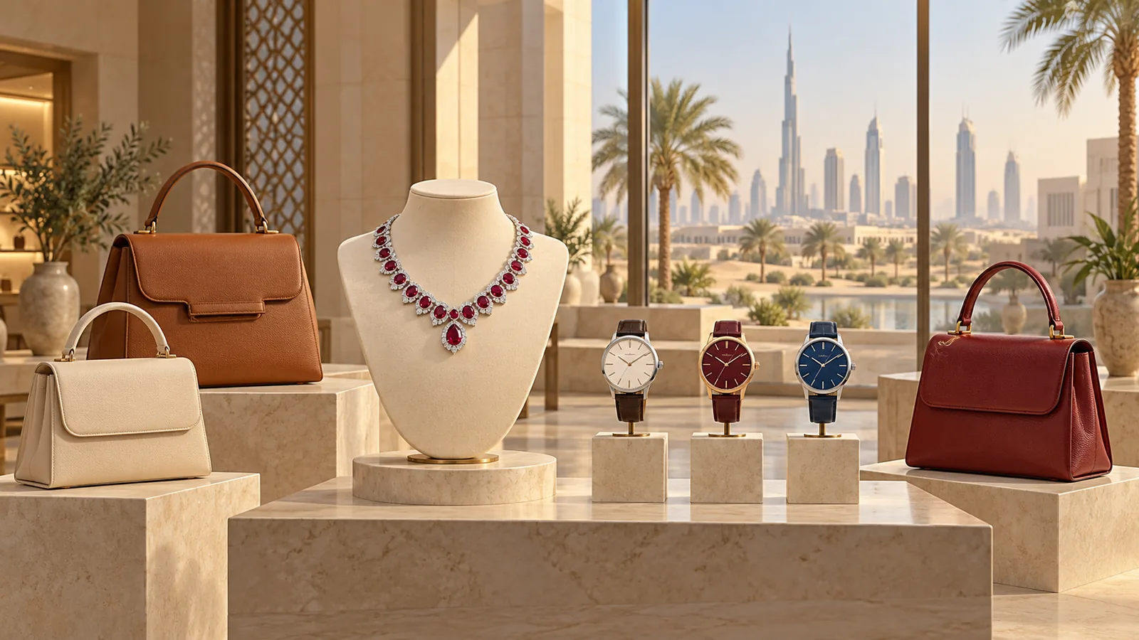Jewellery, wristwatches and leather handbags arranged in illuminated gallery displays