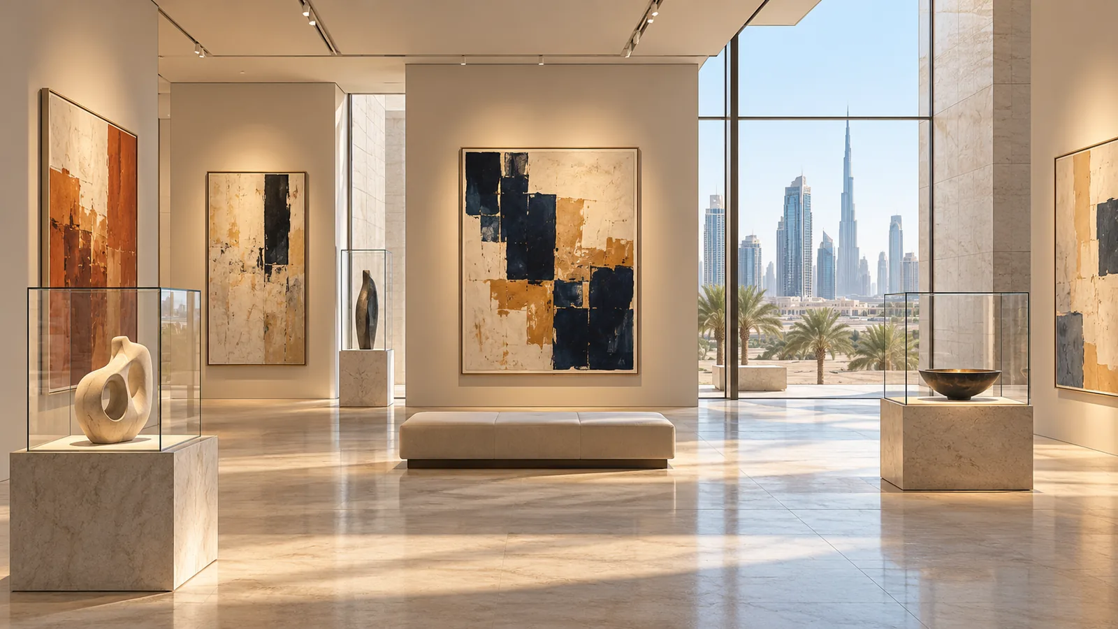 Artworks and glass display cases inside a contemporary DIFC gallery