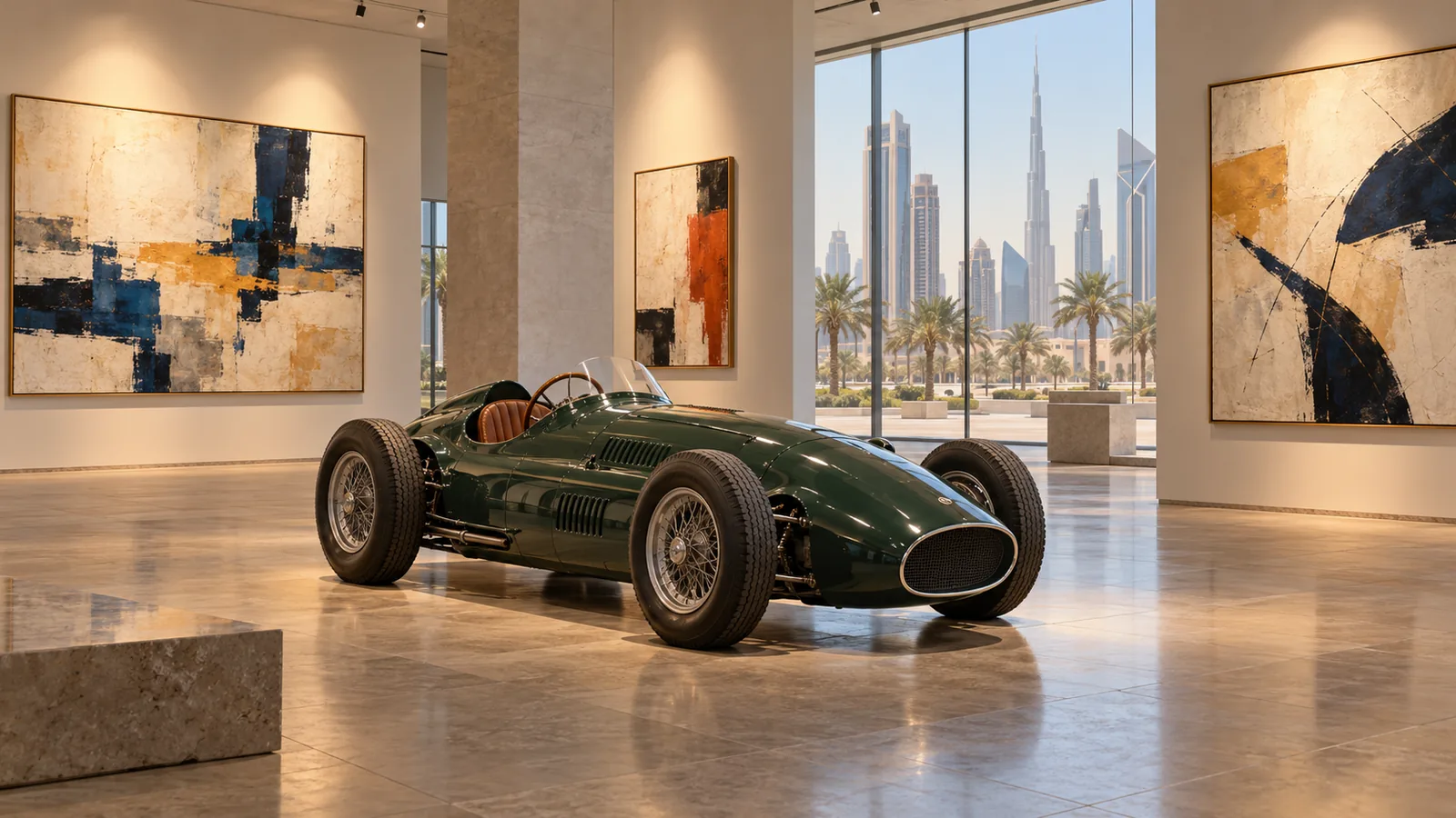 Vintage racing car and contemporary paintings inside a DIFC gallery