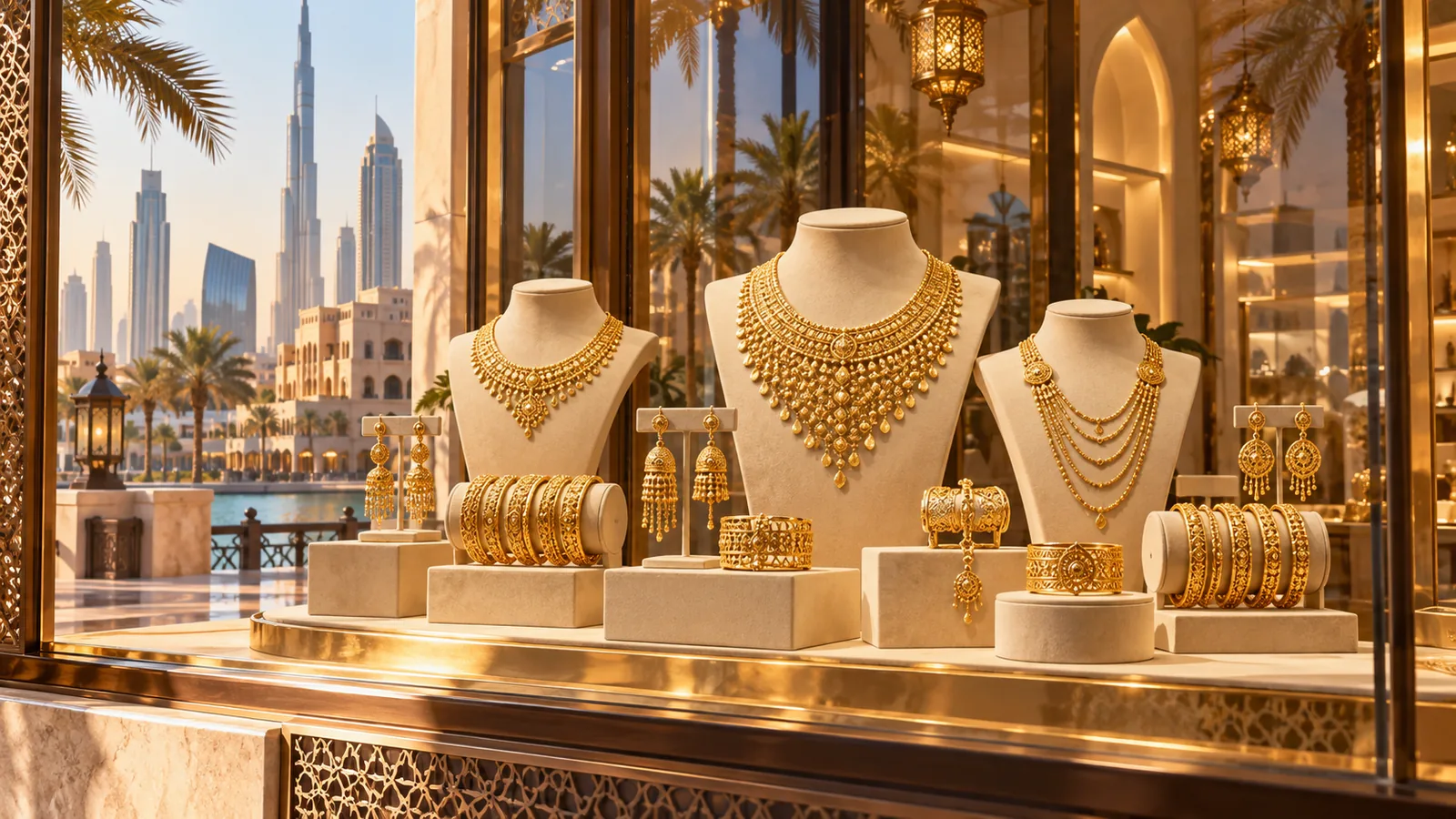 Gold jewellery arranged in a warmly lit Dubai shop window