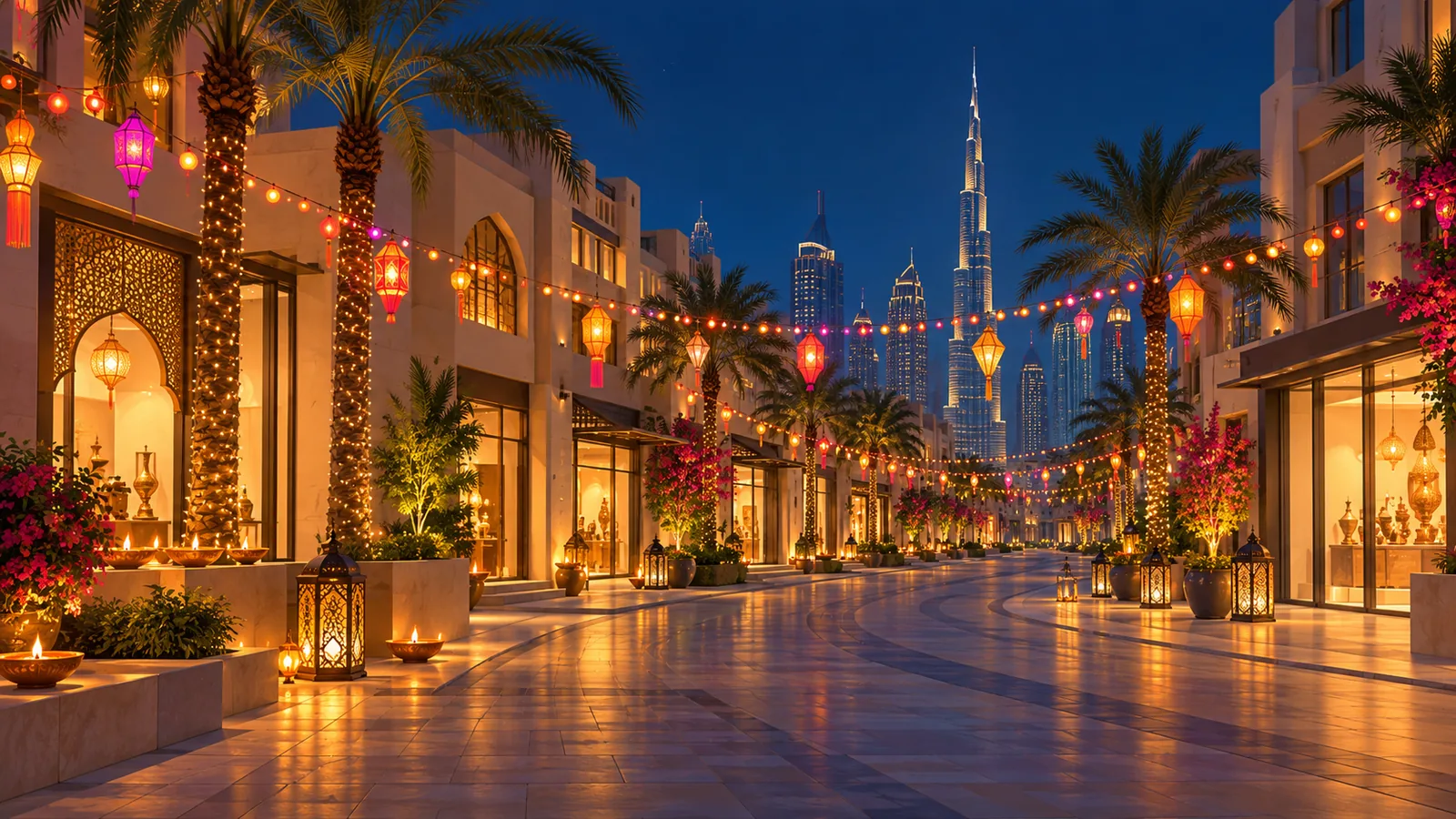 Dubai storefronts and street decorations illuminated for Diwali after dark