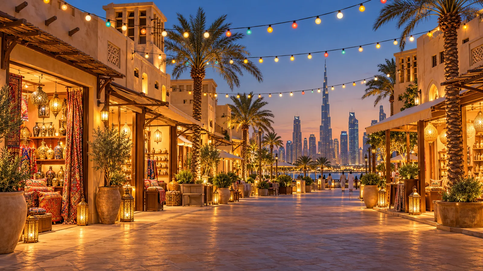 Colourful festive lights above a Dubai street at dusk