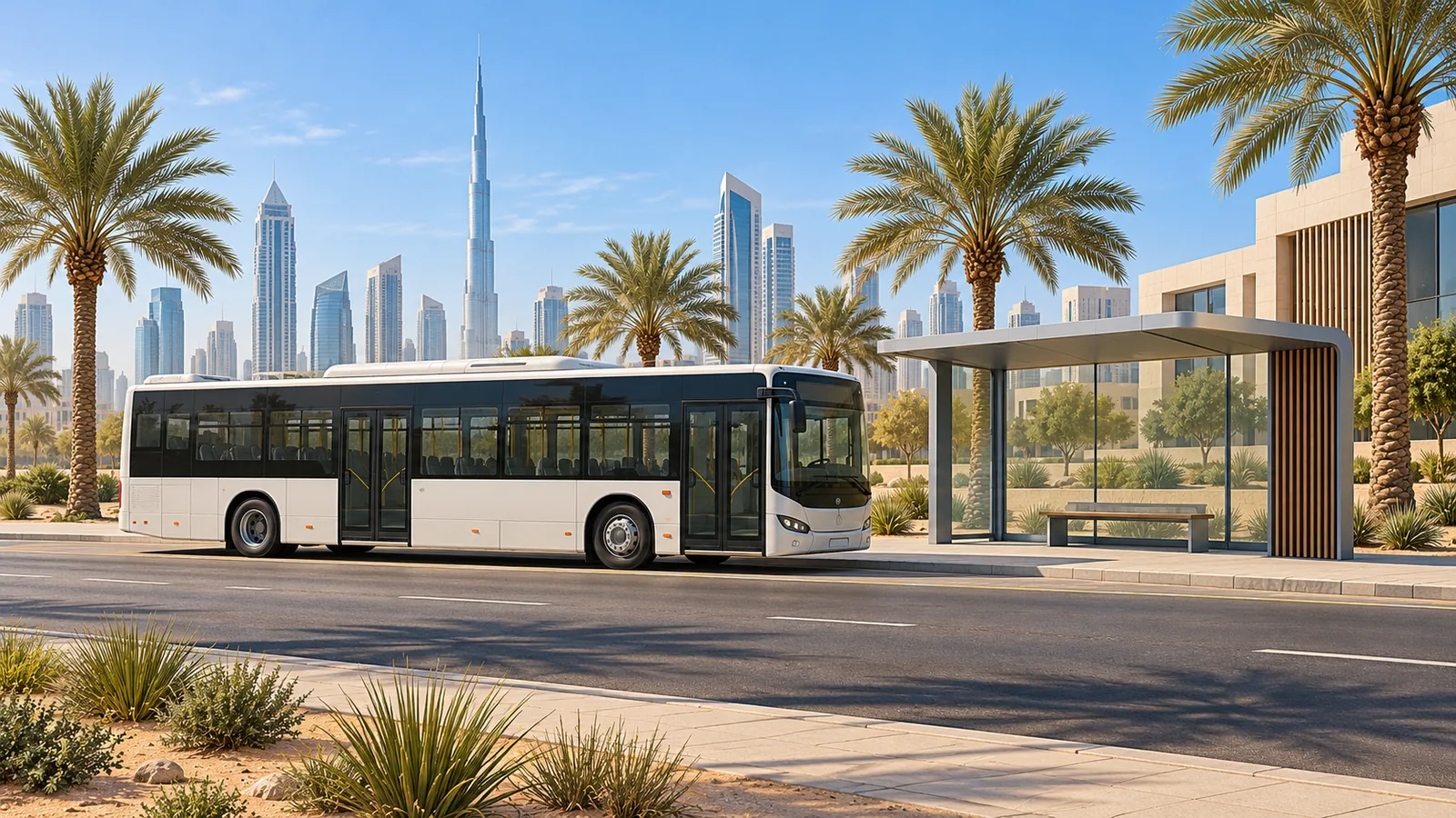 A city bus at a stop beside contemporary buildings in a design district