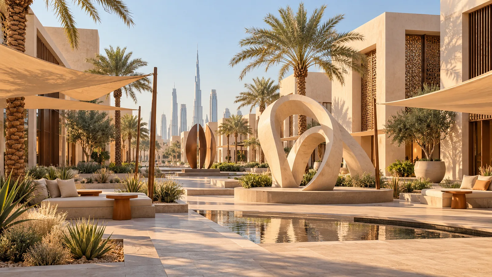 Outdoor design installations and shaded seating in a contemporary Dubai courtyard