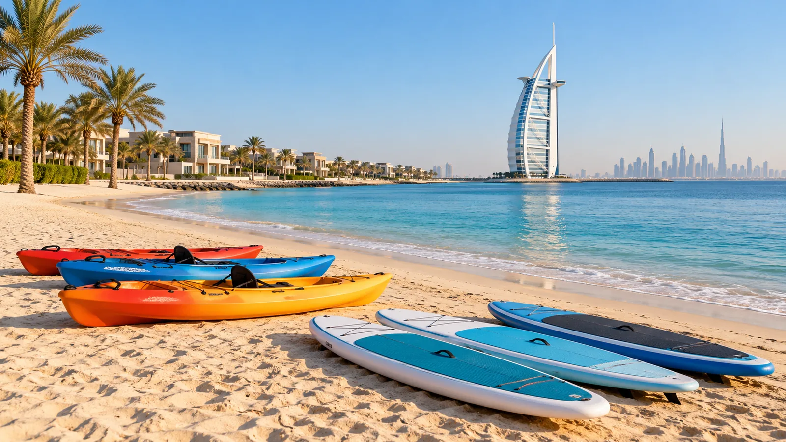 Paddleboards and kayaks on the sand at Jumeirah 2 Beach
