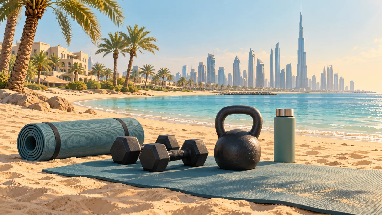 Exercise mats and training equipment beside a Dubai beach in morning light