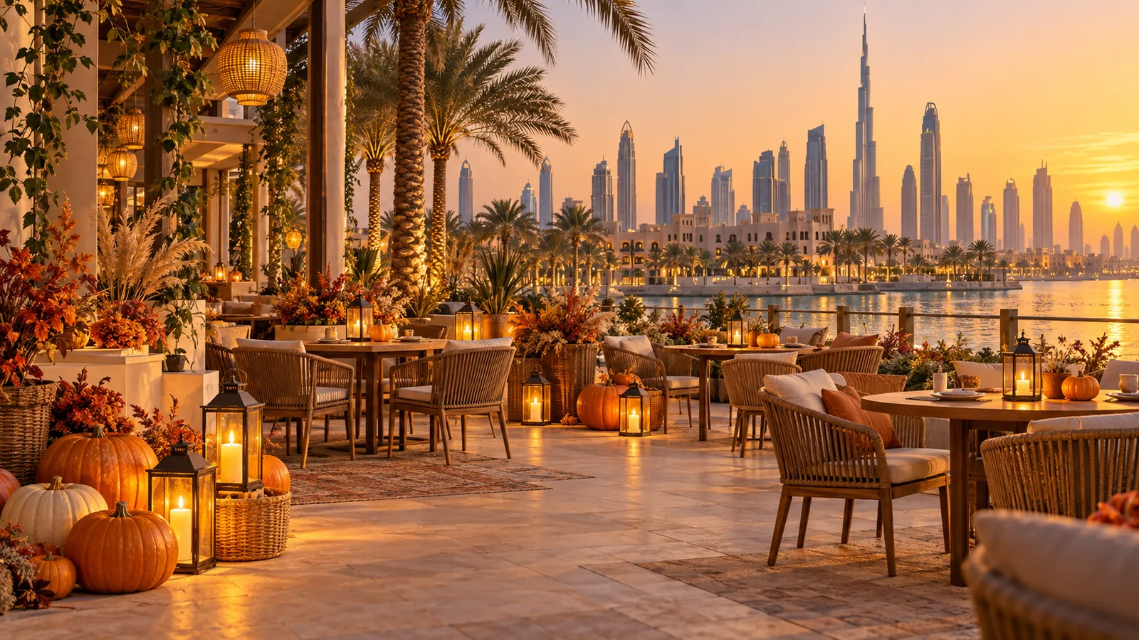 Pumpkins and lanterns on a Dubai café terrace at dusk