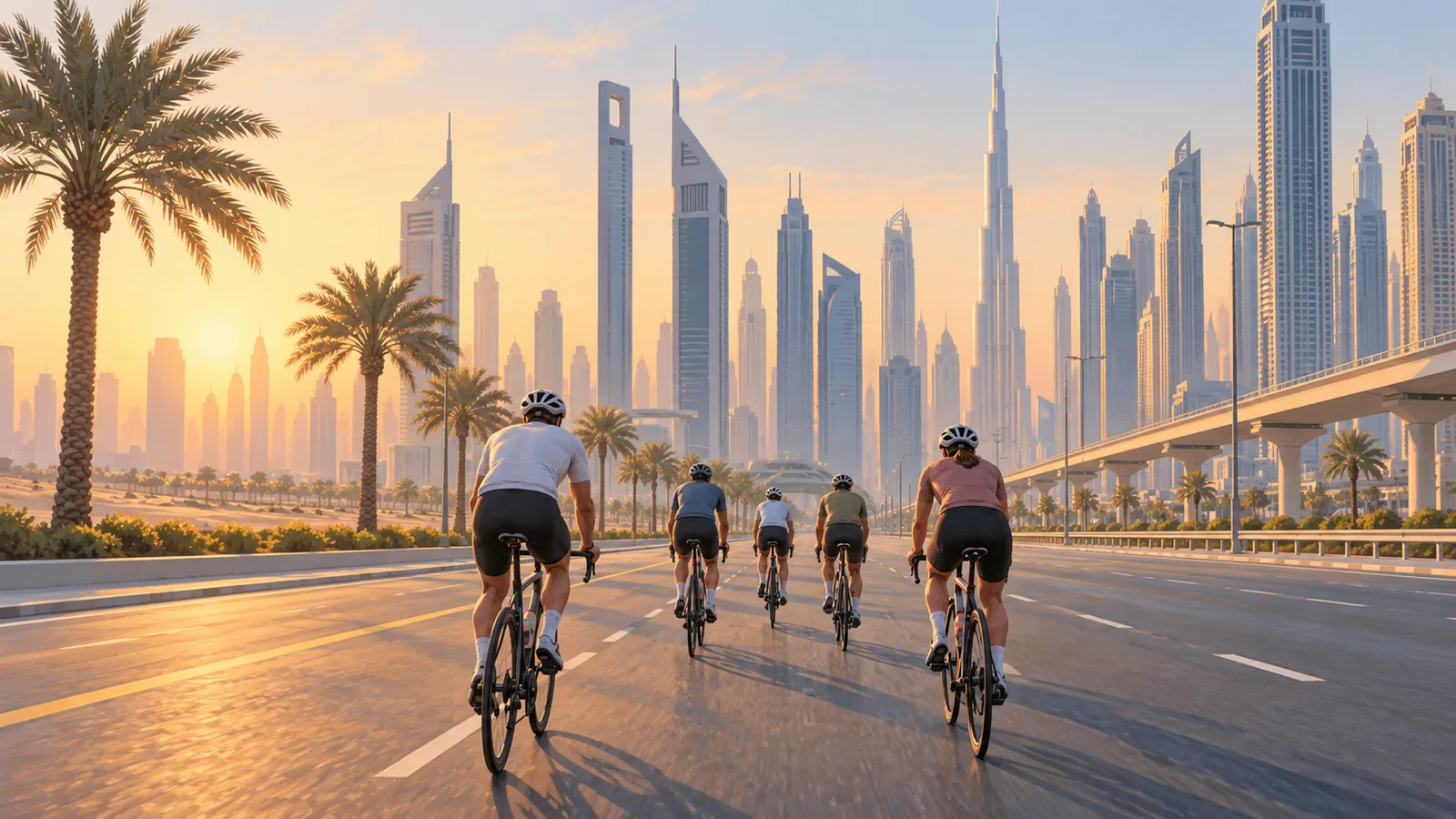 Bicycles on Sheikh Zayed Road beneath Dubai's skyline at dawn