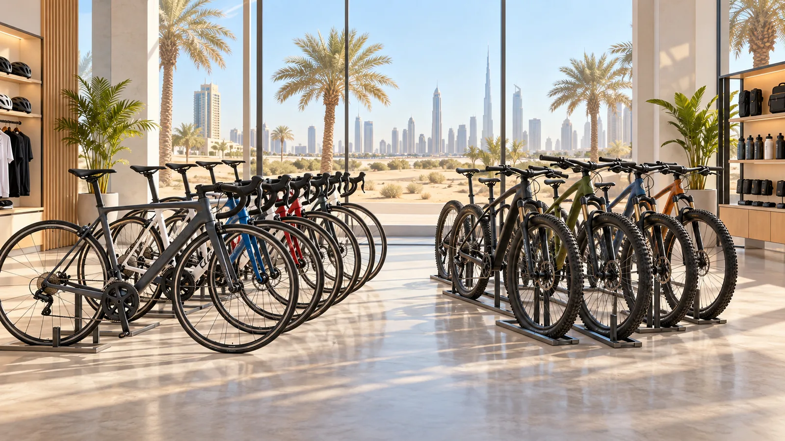 Road and mountain bicycles lined up in a Dubai rental shop