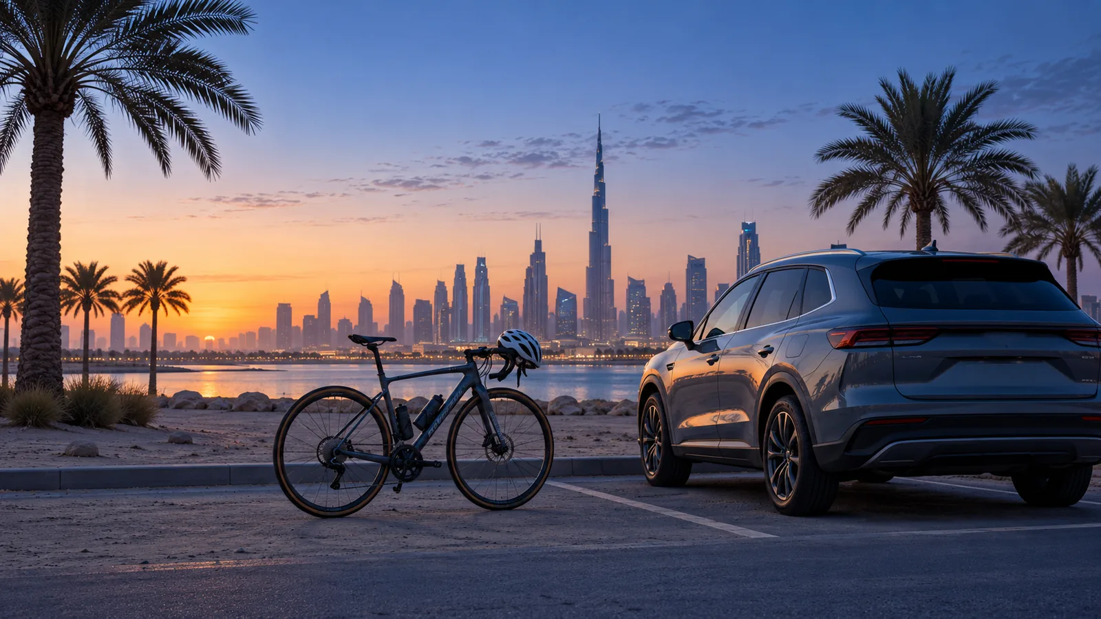Bicycle and helmet beside a parked car before dawn in Dubai