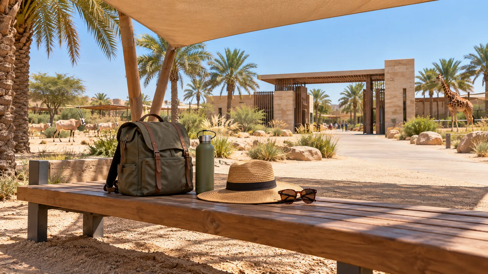 Illustration of a backpack, water bottle, sun hat and sunglasses for a park visit