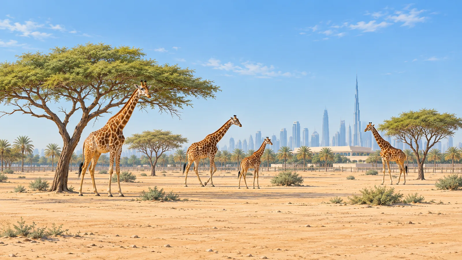 Illustration of giraffes among acacia trees in an open savannah enclosure on a winter morning
