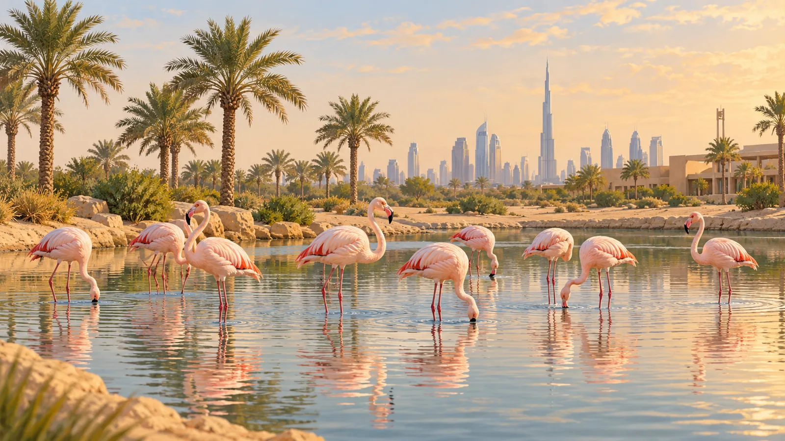 Illustration of flamingos in a park lake in warm late afternoon light