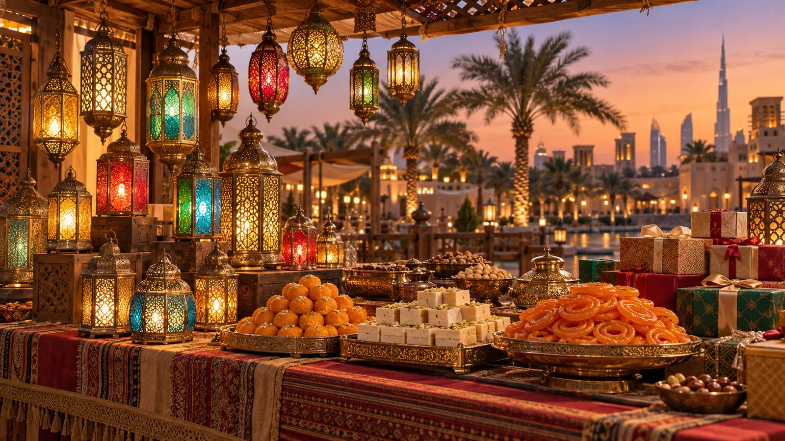 Decorative lamps, gifts and Indian sweets on a warmly lit festive market stall