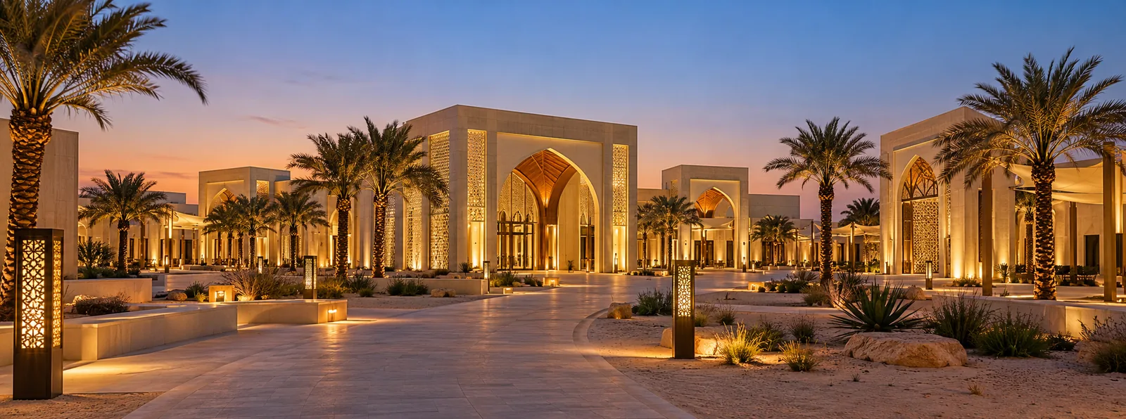 Illuminated pavilions and decorative lamp posts beside pedestrian paths at dusk in Dubai