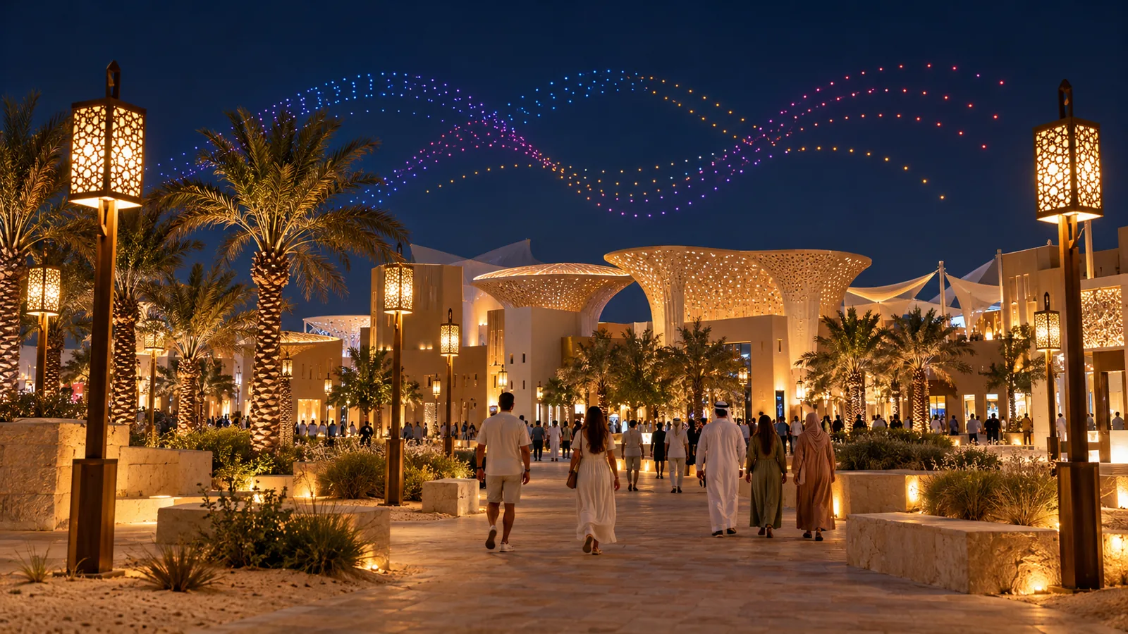 Colourful drones above pavilion rooftops and decorative lights at an outdoor cultural park in Dubai