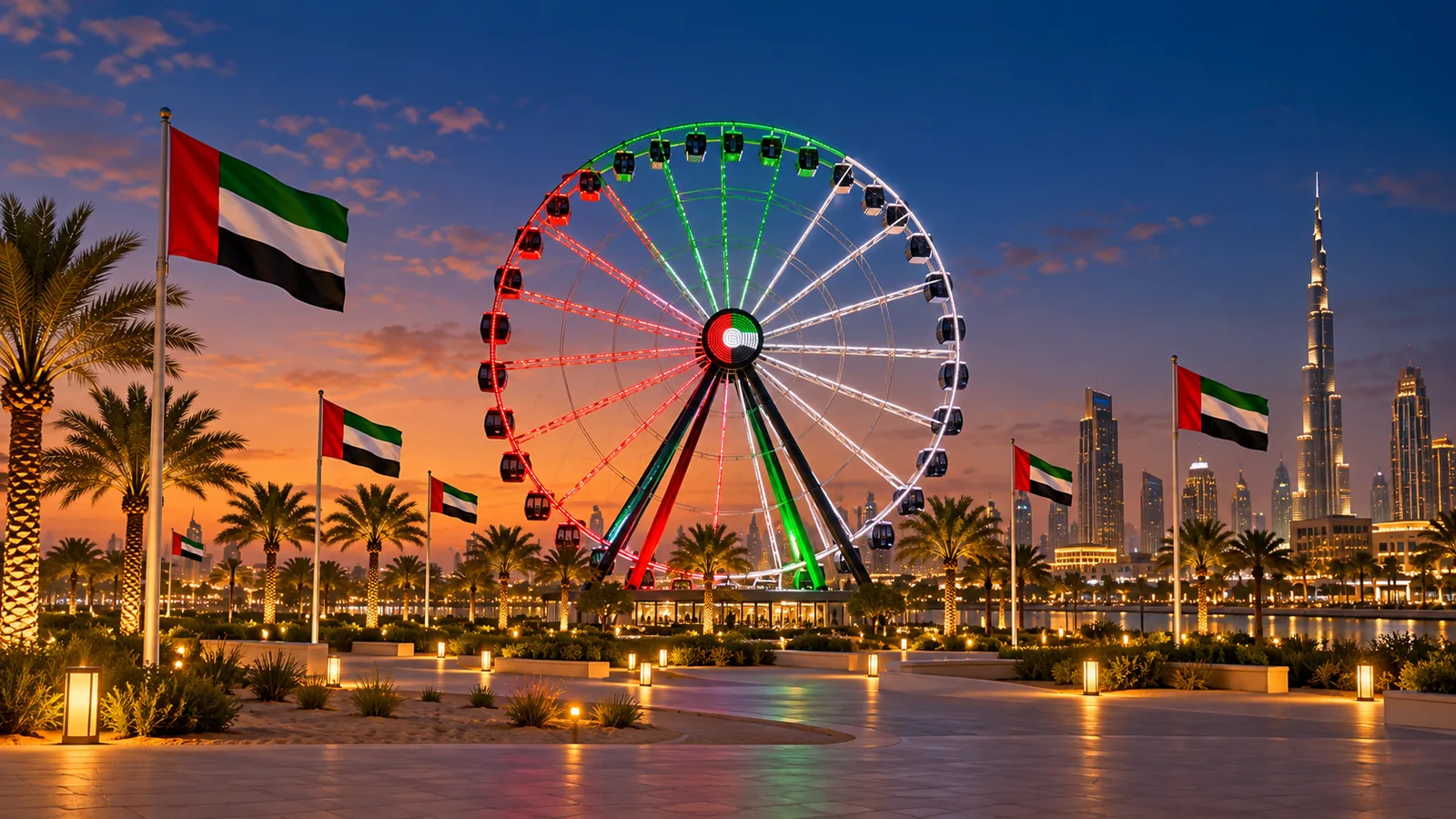 A Ferris wheel illuminated in UAE flag colours beside flags at night