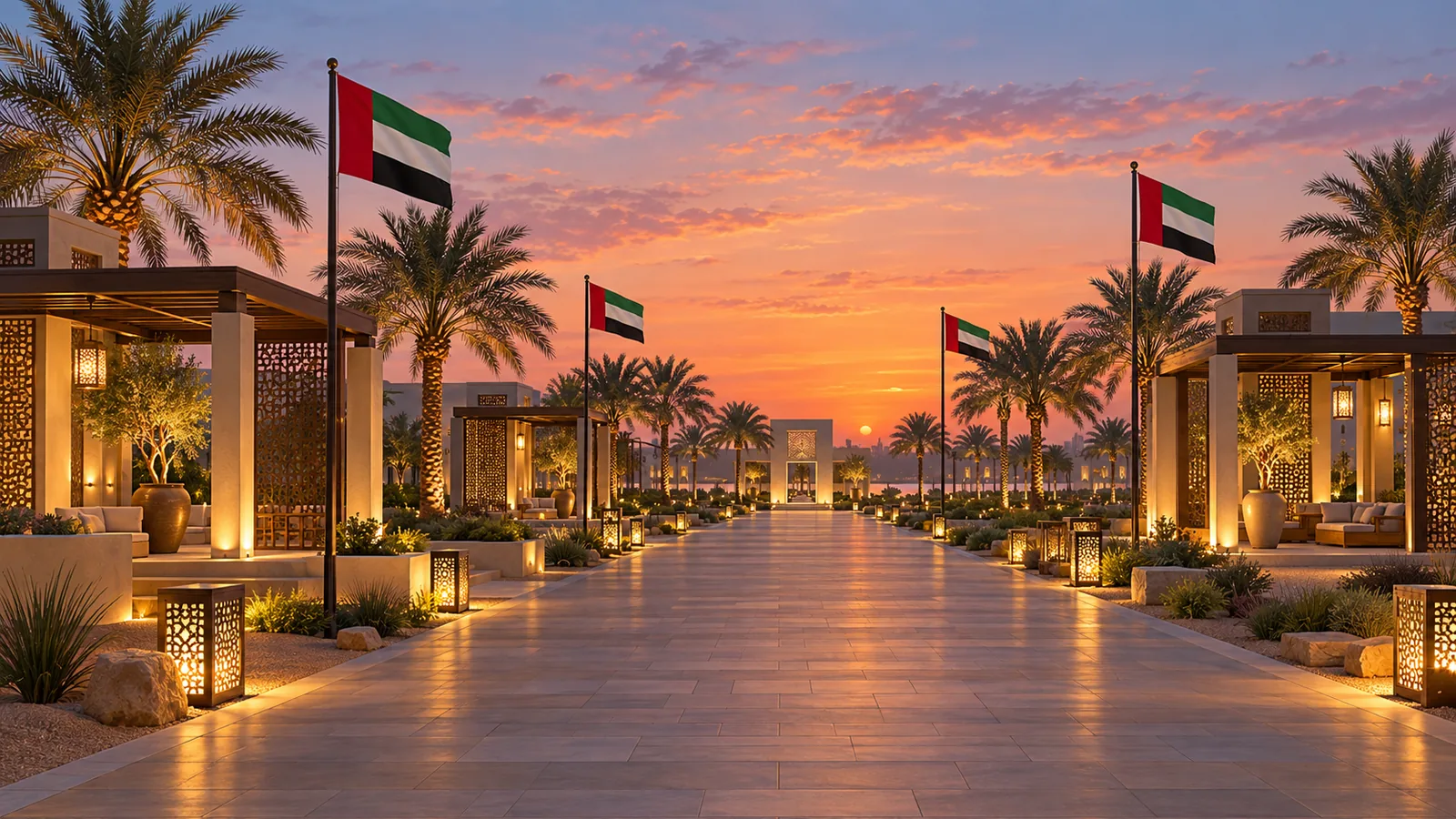 UAE flags lining a walkway between illuminated pavilions at dusk