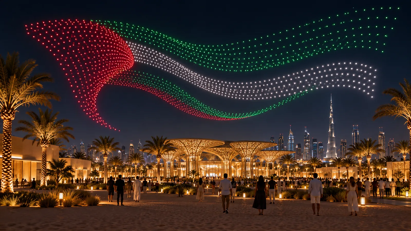 Drones forming UAE flag colours above illuminated pavilions at night