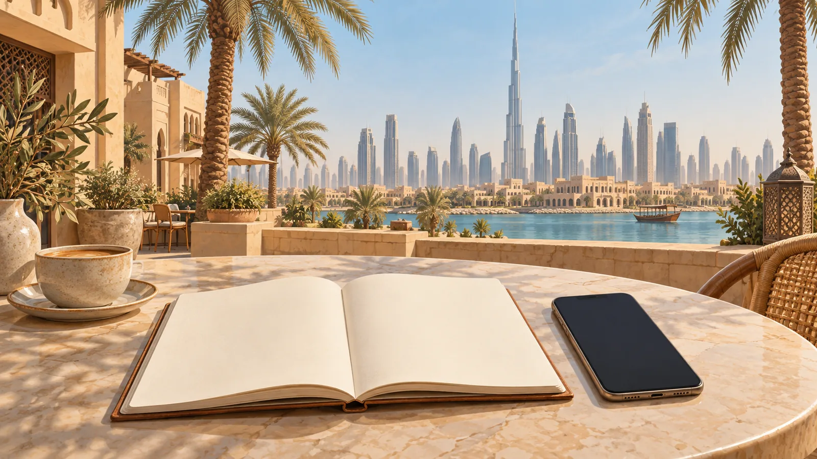 A blank notebook and a phone on a cafe table in daylight.