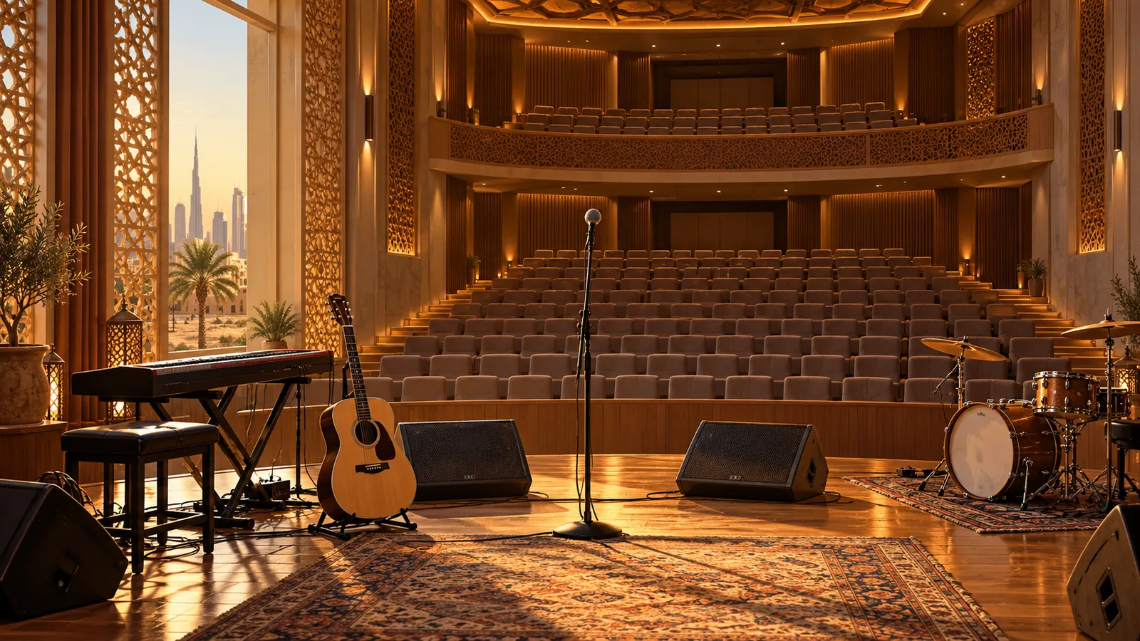 A microphone and musical equipment on a warmly lit theatre stage in Dubai.