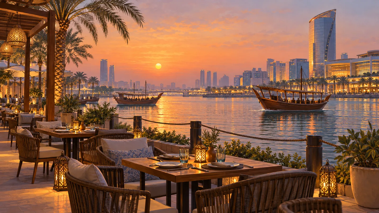 Outdoor dining tables beside the creek near Dubai Festival City at dusk