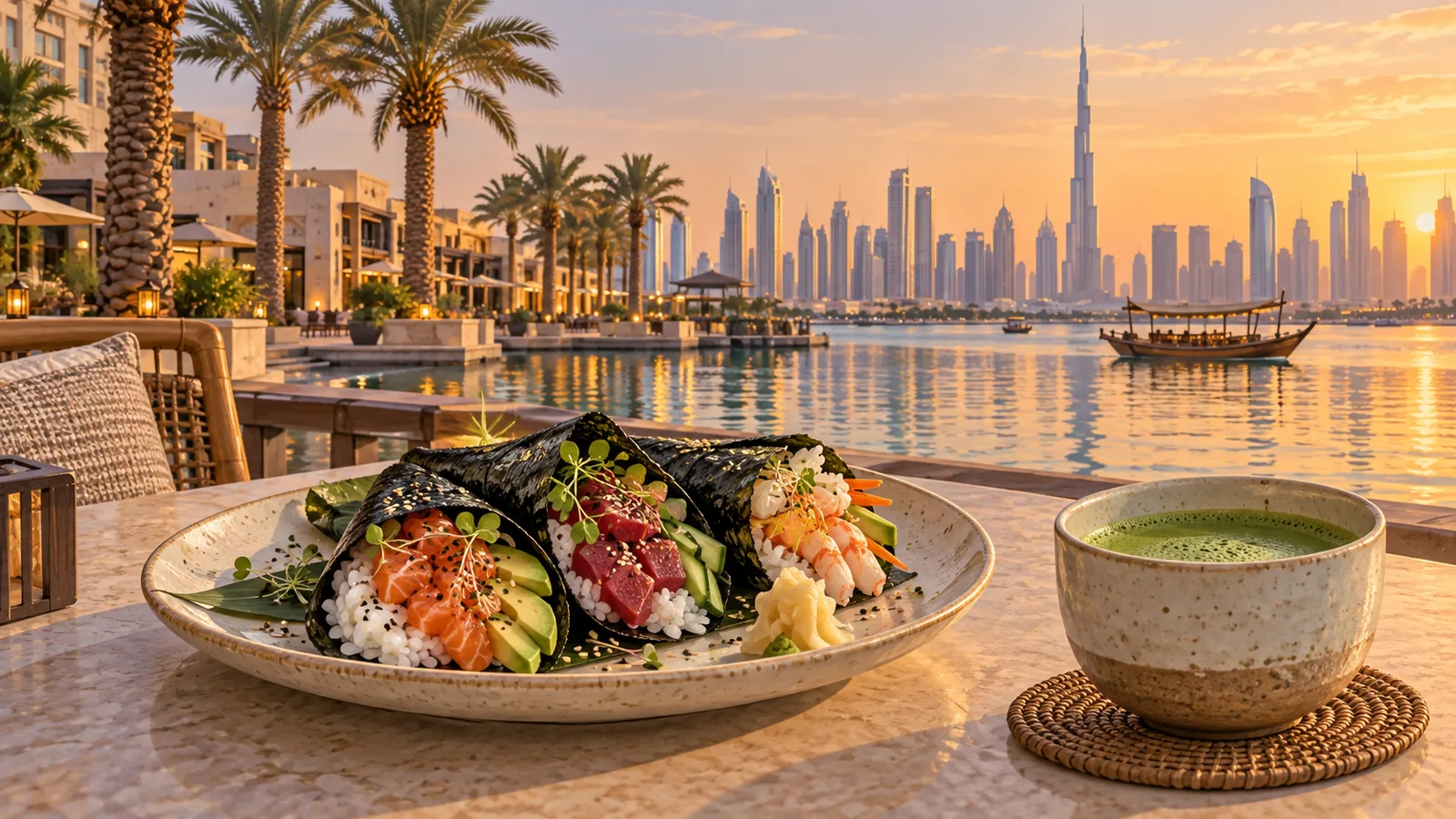Sushi and matcha on an outdoor table beside the water in Dubai