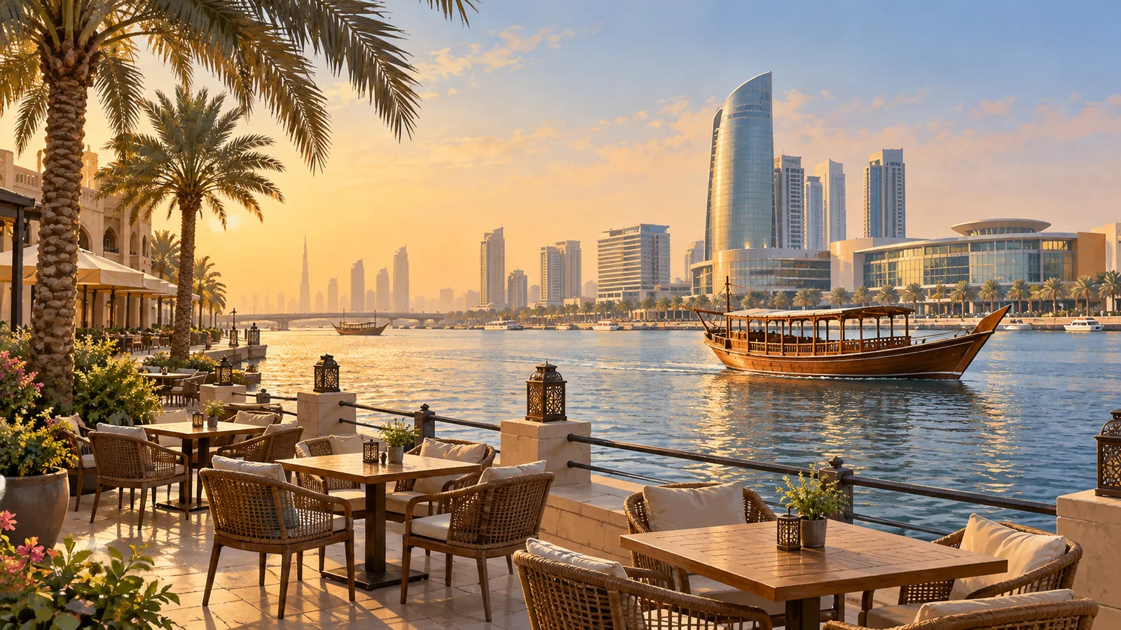 Creekside tables and a passing dhow near Dubai Festival City