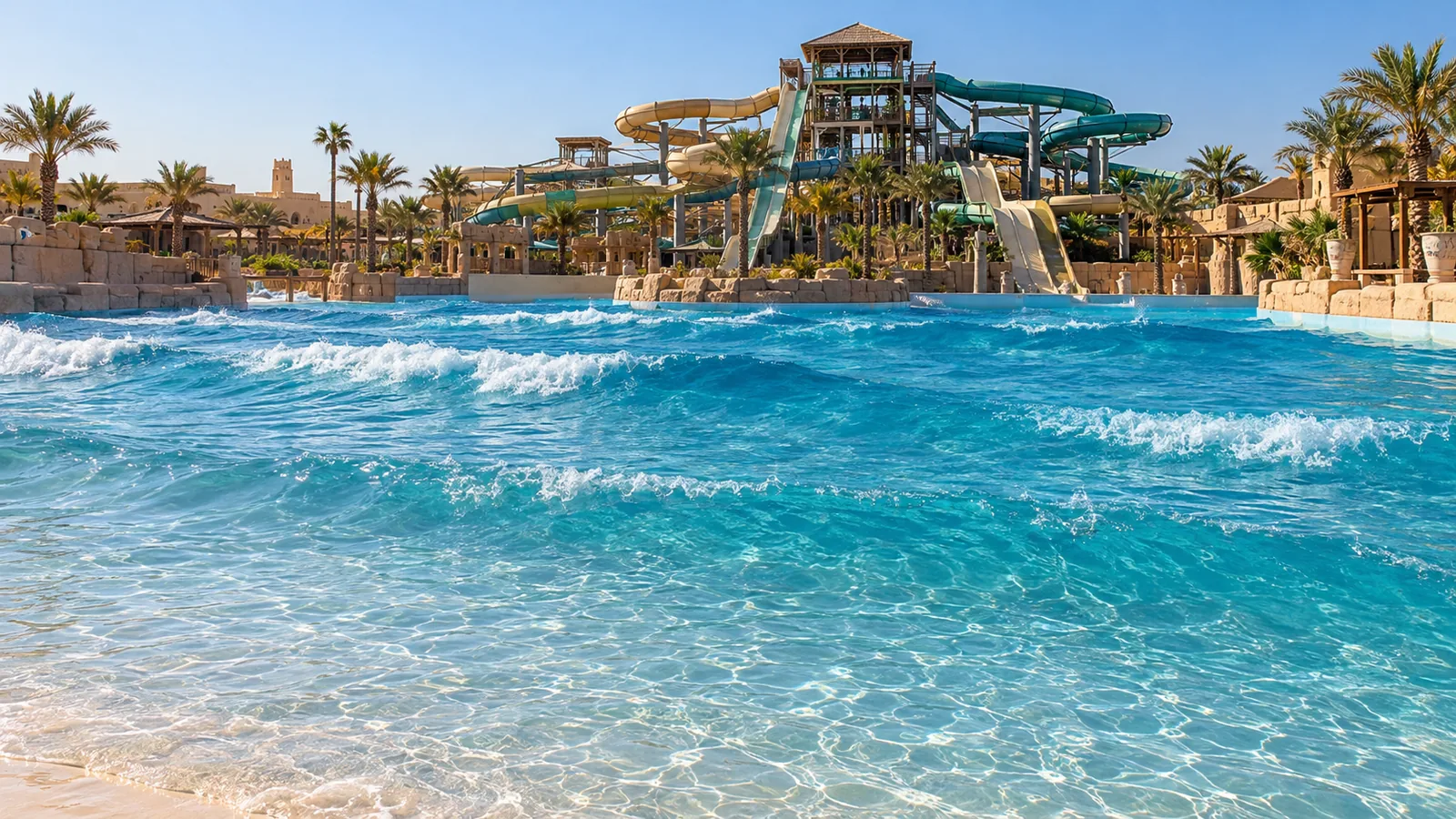 Rippling water in a wave pool with waterslides in the background
