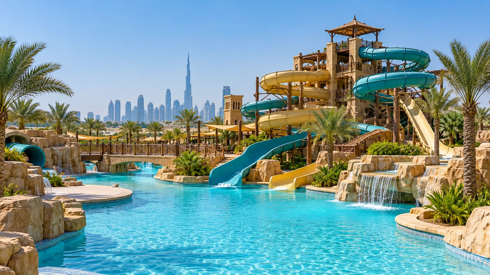 Twisting waterslides and clear pools at a Dubai waterpark in daylight