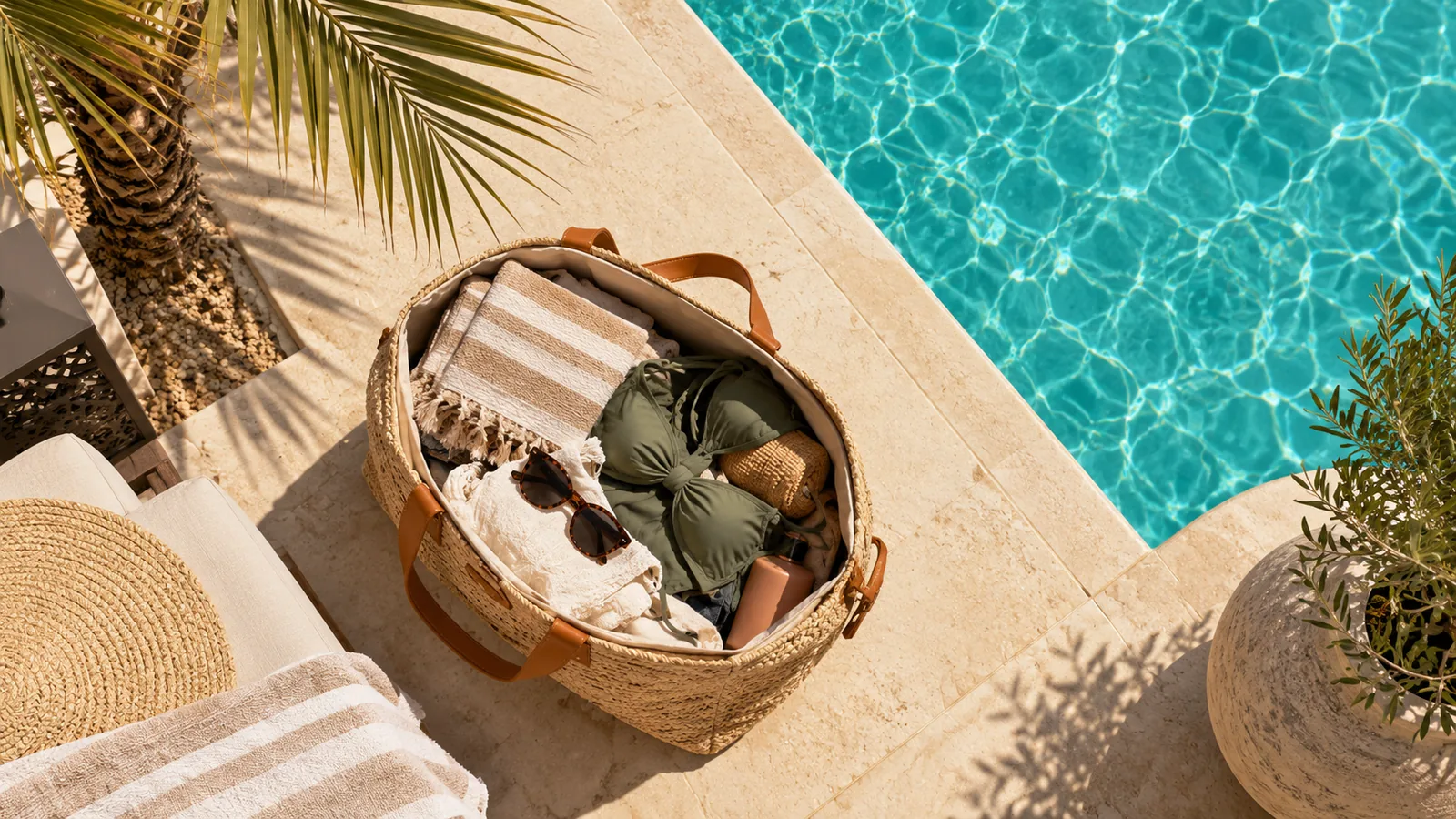 Swimming bag with towels, swimwear and sunglasses beside a pool
