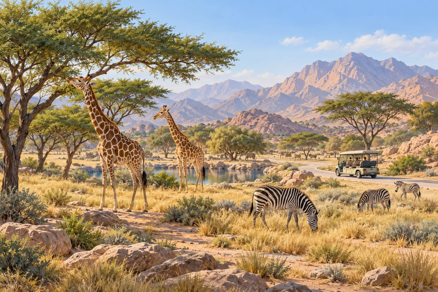 Illustration of open savannah enclosures with giraffes and zebras on a mild winter morning at a Dubai wildlife park